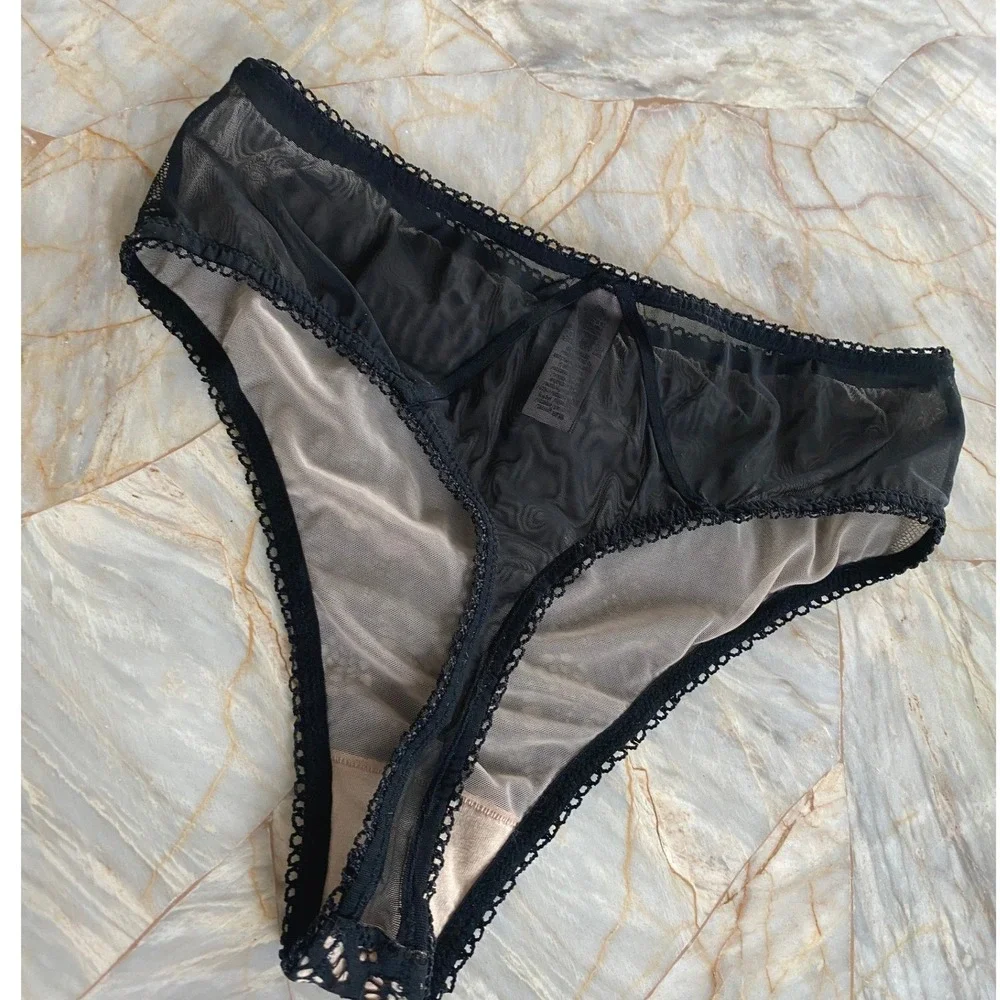 Victoria's Secret Black Lace Sheer Mesh Thong Panty Eyelash Trim Lingerie